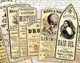 8 pcs. OLD MEDICINE LABELS - Vintage Pharmacy Bottle Labels, Medicine Liniments & Oils, Apothecary Stickers, Handmade Stickers, Reproduction