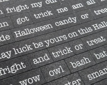 Tiny Halloween Word Stickers - Black & White Halloween Words Phrases for Scrapbooking, Junk Journals, Collage, Vintage Label Maker Style