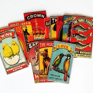 12 pcs. MATCHBOX LOVE - Colorful Reproduction Vintage Matchbox Labels, Circus Animal Stickers, Craft Supply, Handmade Sticker Pack
