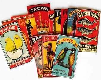 12 stuks MATCHBOX LOVE - Kleurrijke reproductie vintage luciferlabels, stickers circusdieren, ambachtelijke levering, handgemaakt stickerpakket