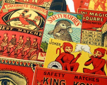 Vintage Matchbox Stickers – King Kong, Circus Elephants, Smoking Monkeys, Birds, 15 pcs.