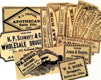 DRUG STORE LABELS - 12 Reproduction Vintage Apothecary Labels, Antique Bottle Labels, Vintage Inspired Medicine Labels, Sticker Pack