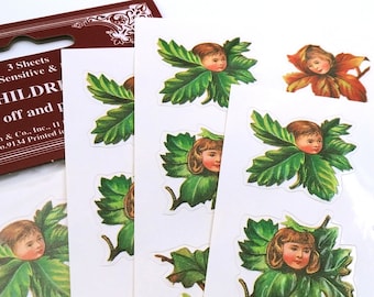 30 pc Vintage Leaf Children Stickers, Green Embossed Forest Fairy Sprites, Reproduction Dennison Labels by B. Shackman & Co. - 3 Sheets