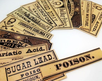 12 pcs. POISON LABELS - Antiqued Apothecary Labels, Poison Stickersm, Toxic Skull Crossbones, Vintage Inspired Medicine Drug Sticker Pack