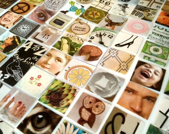 55 INCHIES - Mixed Grab Bag of Tiny Ephemera / Die Cut 1" Squares / Collage Decoupage / Paper Quilting / Upcycled & Vintage Ephemera Pack