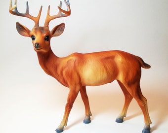 XXL Vintage Deer - Mid Century Kitsch, Christmas Holiday Decor, Large Plastic Deer Figurine, Rustic Woodland Lodge, 10 Point Buck