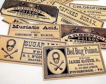 12 stuks VERGIFTETIKETTEN - antieke apothekersetiketten, gifstickers, giftige gekruiste knekels, vintage geïnspireerde stickerpakket voor medicijnen