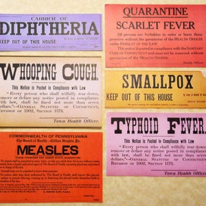6 pcs. QUARANTINE STICKERS Reproduction Vintage Medical Labels with Smallpox, Measels, Typhoid & Keep Out, Halloween Decor Sticker Pack image 2