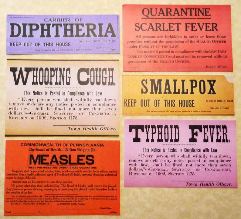 6 pcs. QUARANTINE STICKERS Reproduction Vintage Medical Labels with Smallpox, Measels, Typhoid & Keep Out, Halloween Decor Sticker Pack image 2