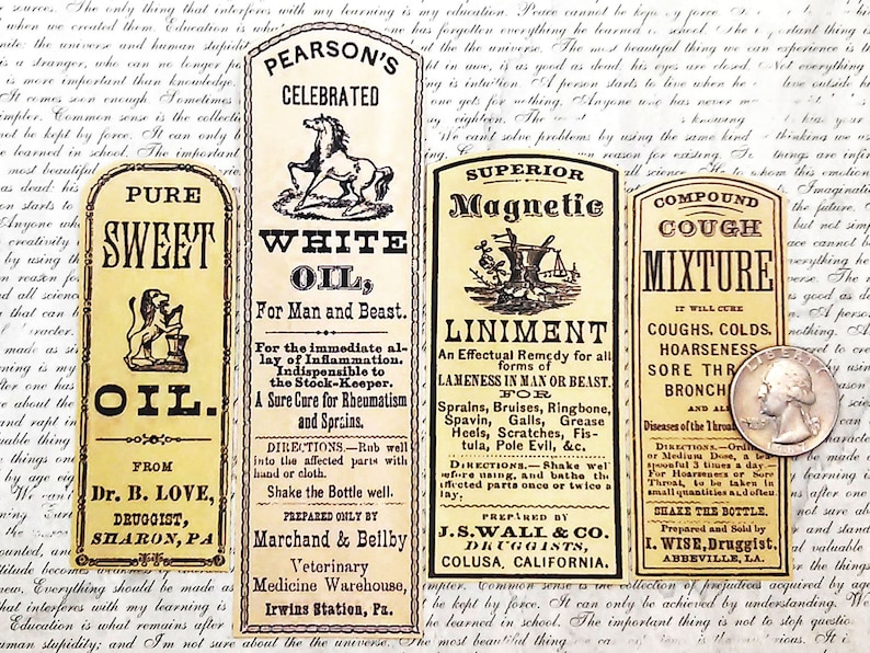 8 pcs. OLD MEDICINE LABELS Vintage Pharmacy Bottle Labels, Medicine Liniments & Oils, Apothecary Stickers, Handmade Stickers, Reproduction image 3