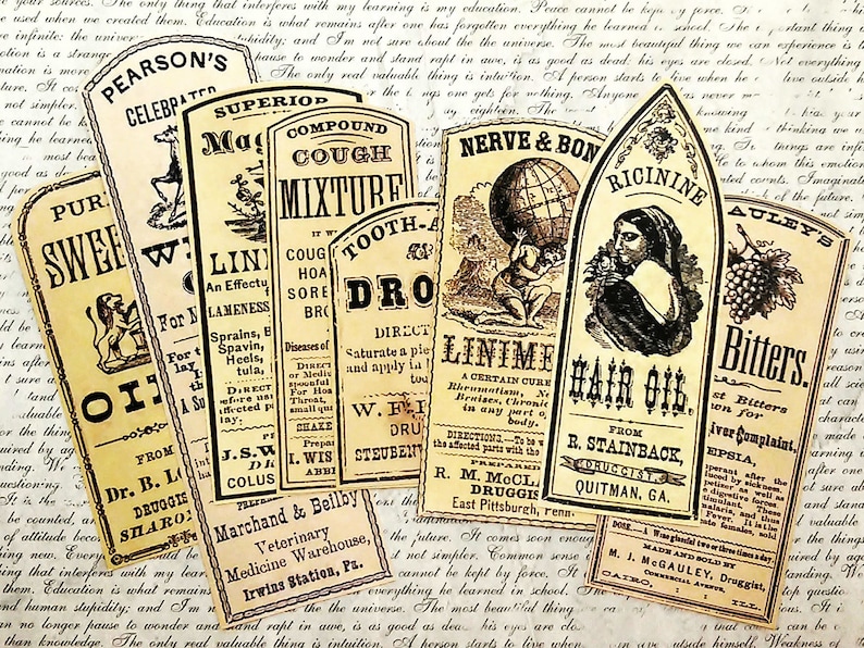 8 pcs. OLD MEDICINE LABELS Vintage Pharmacy Bottle Labels, Medicine Liniments & Oils, Apothecary Stickers, Handmade Stickers, Reproduction image 1