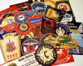 Mini Luggage Labels - 26 Reproduction Vintage Travel Stickers & Suitcase Labels, International Hotel and Airline Stickers, Sticker Pack