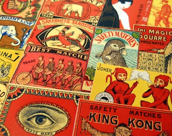 15 stuks MATCHBOXSTICKERS - reproductie vintage luciferlabels met retro King Kong, circusolifanten, rokende apen en vogels, stickerpakket