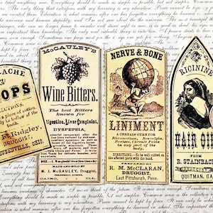 8 pcs. OLD MEDICINE LABELS Vintage Pharmacy Bottle Labels, Medicine Liniments & Oils, Apothecary Stickers, Handmade Stickers, Reproduction image 2