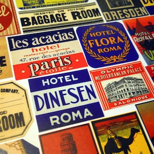 STEAMTRUNK LABELS - 22 Reproduction Travel Labels based on Vintage Foreign Luggage Tags, Suitcase Stickers & Souvenirs, Sticker Pack