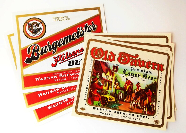 VINTAGE LABELS Antique Beer Labels, Warsaw Brewing Labels, Burgemeister & Old Tavern, Breweriana, Bottle Labels, Ephemera, New Old Stock image 1