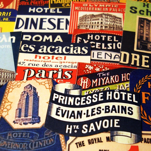 MINI STEAMTRUNK LABELS - 24 Miniature Reproduction Travel Labels based on Vintage Foreign Luggage Tags & Suitcase Stickers, Sticker Pack