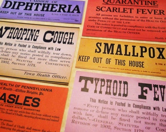6 stuks QUARANTAINESTICKERS - reproductie vintage medische etiketten met pokken, mazelen, tyfus en buitenhouden, stickerpakket halloweendecor