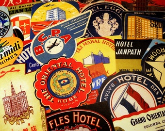 Luggage Labels - 24 Reproduction Vintage Travel Labels & Suitcase Stickers, International Hotel and Airline Stickers, Vintage Ephemera Pack