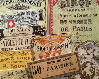 Parijse labels - 18 reproductie vintage labels uit Parijs Frankrijk, labels Franse absint, parfum en apotheker, stickerpakket