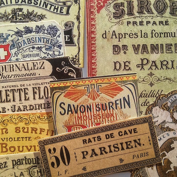 Parisian Labels - 18 Reproduction Vintage Labels from Paris France, French Absinthe, Perfume & Apothecary Labels, Sticker Pack