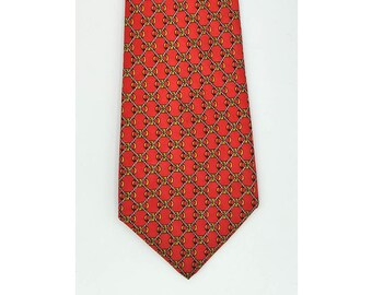 Men's Vintage 1970s Authentic HERMES Silk Necktie 714 FA Gold & Beige Foulard Print on Scarlet