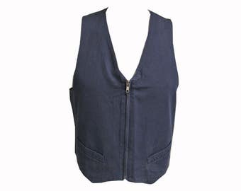 Men's Vintage 1980s AGNES B. Vest Indigo Cotton Zip Front Cinch Back