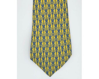 Men's Vintage 1980s Authentic HERMES Silk Necktie 7212 UA Blue & Grey Strap Print on Yellow