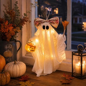 May include: A white fabric ghost figurine illuminated by internal warm lights, featuring black oval eyes, a floral patterned bow on its head, and holding a small orange jack-o'-lantern bucket in one hand and a miniature broom in the other.