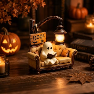 May include: A decorative figurine featuring a small white ghost sitting on a tan tufted sofa while reading a book. A wooden sign hanging from a post above the sofa reads BOO! with a bat and skull icon. A small lantern hangs from the post.
