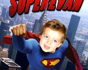 Childrens Gepersonaliseerde Super Hero Custom Wall Art Illustratie Print - Uw kind is een Super Hero Vliegen boven de stad
