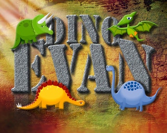 Dinosaur Name Wall Art Decor - Gepersonaliseerde Children's Illustration Wall Print - Uw chlds naam in steen textuur