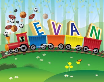 Gepersonaliseerde trein met de naam van uw kind Wall Art Decor - Aangepaste kinderillustratie Muurafdruk