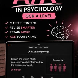 Puede incluir: Una tableta digital que muestra una tarjeta de memoria Anki para Psicología OCR A Level, con el texto: Do you want A/A* in Psychology, OCR A Level, Master Content, Revise Smarter, Retain More, Ace Your Exams y Made for Anki.