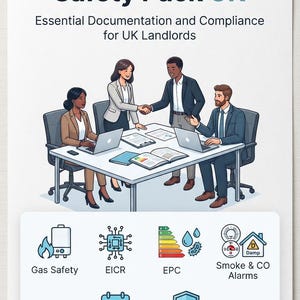 May include: A white document titled CompliancePack UK Landlord Health & Safety Pack UK featuring an illustration of four people at a table. Icons represent Gas Safety, EICR, EPC, Smoke & CO Alarms, a Compliance Calendar, and UK Compliant status.
