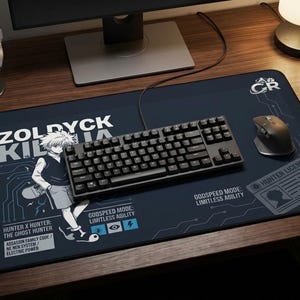 May include: A dark blue rectangular desk mat featuring an anime character illustration, the text ZOLDYCK KILLUA, HUNTER X HUNTER, THE GHOST HUNTER, GODSPEED MODE: LIMITLESS AGILITY, and a graphic of a hunter license, with a black keyboard and mouse on top.