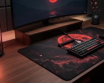 Uchiha Madara Illustration Desk Mat | Red Mangekyo Moon Gaming Mousepad