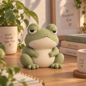 May include: A sage green frog figurine with a smooth matte finish, featuring a white belly, rounded limbs, and half-closed eyes. The frog has a neutral expression and sits in a seated position, showcasing a simple, rounded, and compact design.