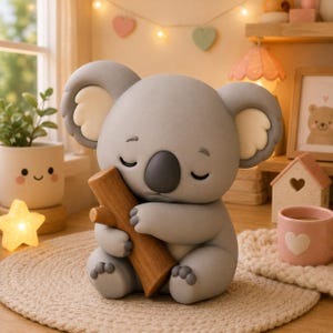 Può includere: Una statuetta di koala grigio con gli occhi chiusi, che tiene in mano un tronco di legno marrone. Il koala ha grandi orecchie arrotondate con sezioni interne color crema, un naso grigio scuro e piccole zampe. La statuetta è seduta.