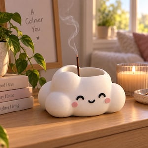 May include: A white ceramic incense holder shaped like a cloud with a smiling face, pink cheeks, and a black curved mouth. A thin brown incense stick is inserted into the top, emitting a thin trail of white smoke into the air above the object.