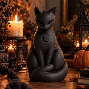 Puede incluir: Una figura de gato negro mate en posición sentada con un símbolo de media luna grabado en el pecho. El gato tiene orejas puntiagudas, ojos almendrados y una cola larga envuelta alrededor de su base, elaborada con una textura lisa y sólida.