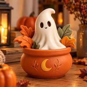 Ghost Flower Pot Halloween Decor, Cute Ghost Figurine, Spooky Fall Decor, Autumn Shelf Decoration, Halloween Desk Decor, Cozy Ghost Gift