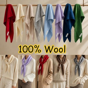May include: A collection of eight solid-coloured wool scarves in red, cream, beige, grey, light blue, lavender, navy, and green, hanging from a wooden rod. The text 100% Wool is displayed. Below, five scarves are shown tied around the neck.