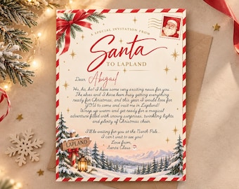 May include: A rectangular invitation card featuring a red and white striped border, a red bow at the top, and a Santa Claus postage stamp. The text reads A SPECIAL INVITATION FROM Santa TO LAPLAND, Dear Abigail, and includes a winter landscape illustration.