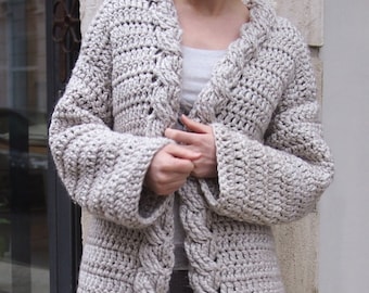 Crochet PATTERN women cable sweater bulky braided cardigan oversized coat DIY tutorial, Instant download