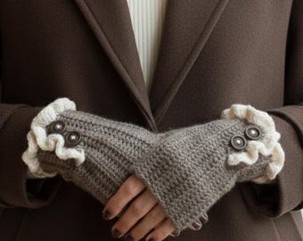 Boho Fingerless Gloves Crochet Pattern with Ruffles, Women’s Arm Warmer Tutorial, Easy Wrist Warmers PDF, Victorian Style Mittens Pattern