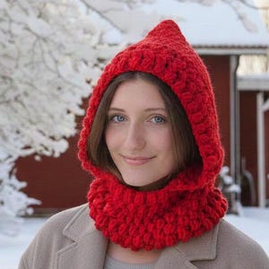 PDF crochet pattern, hooded scarf, pixie hat, cowl, neckwarmer hood, textured puff scoodie, DIY tutorial, adult and child size