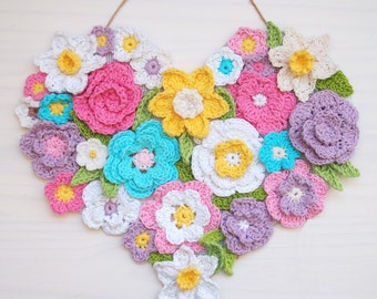 CROCHET PATTERN flower heart wall decor, wreath, 7 ornaments,spring, Valentine's, Easter, wedding, home decor, DIY photo tutorial