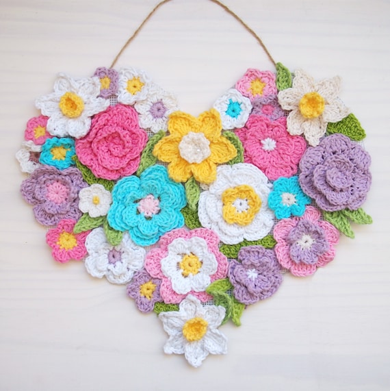 CROCHET PATTERN Flower Heart Wall Decor Wreath 7 Etsy