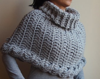 Crochet PATTERN cable capelet poncho, knit look chunky cowl, neckwarmer, infinity scarf, braided loop  scarf, DIY tutorial, Instant download